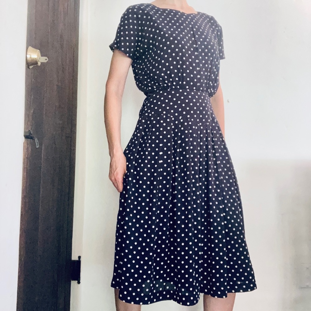 Tea Length Navy Pretty Woman Style Corrine Polka Dot Vintage 80’s Dress